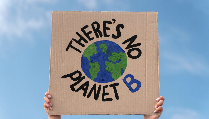 Et papskilt med teksten: There's no planet B