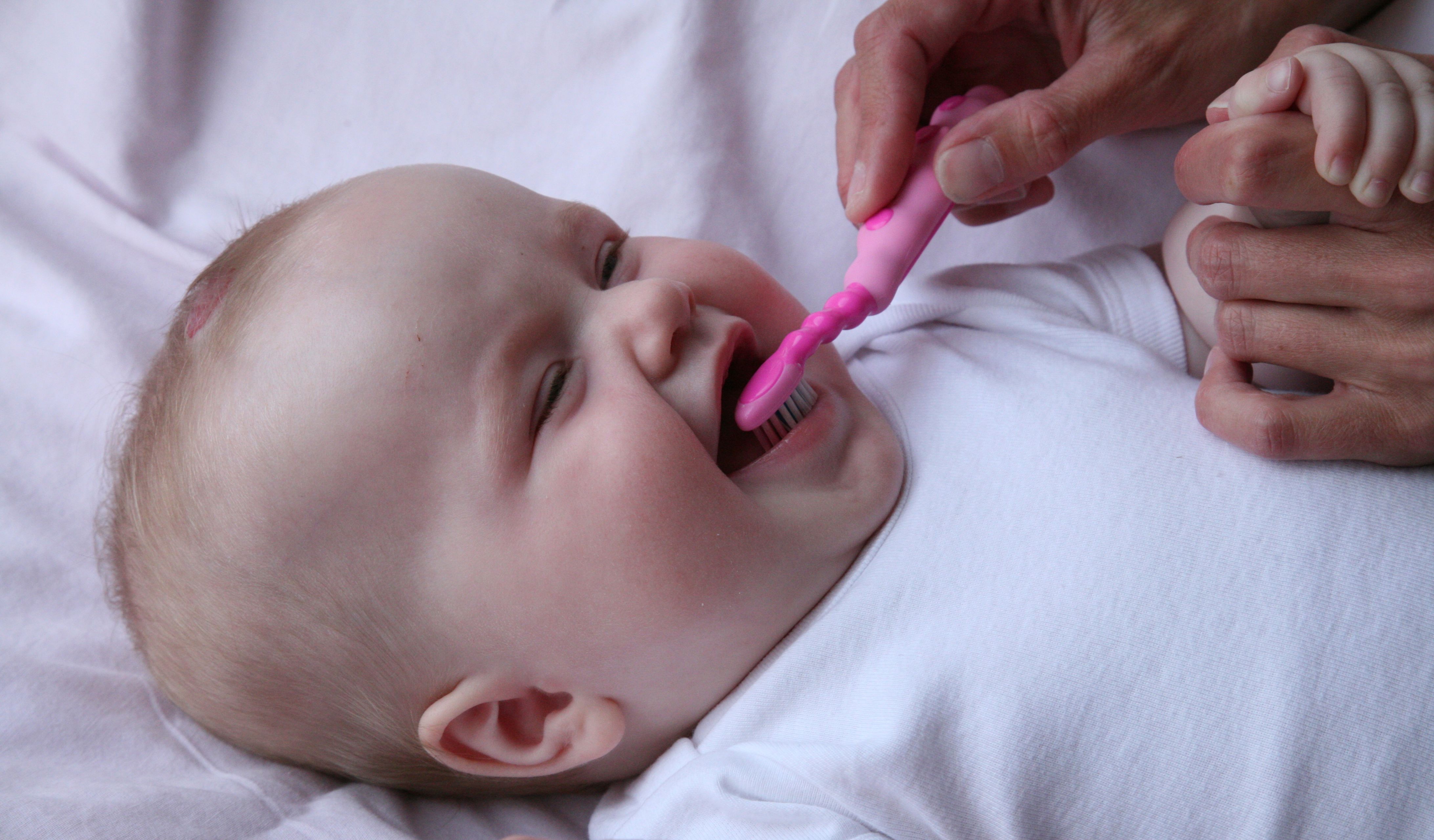 Glad baby får børstet tænder.